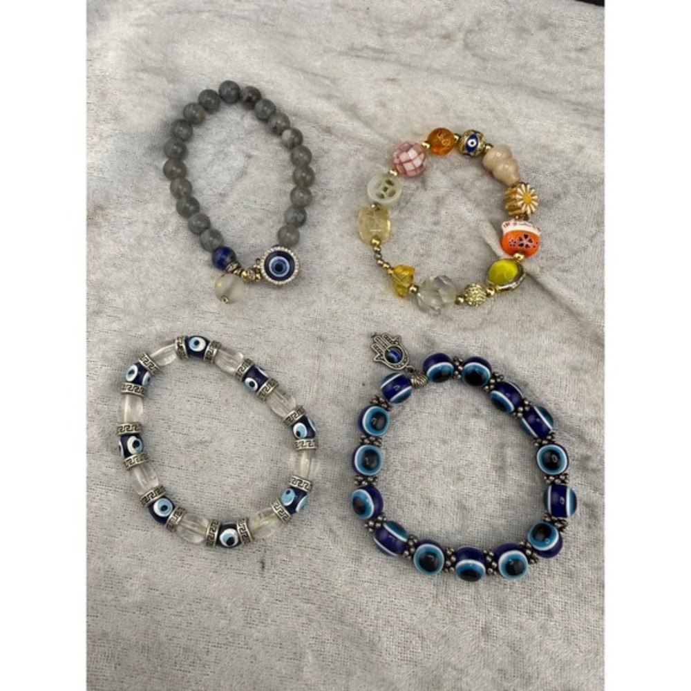 Estate Evil Eye Protection Bracelet Lot Multicolor Beaded Hamsa Lucky Cat 6-7in